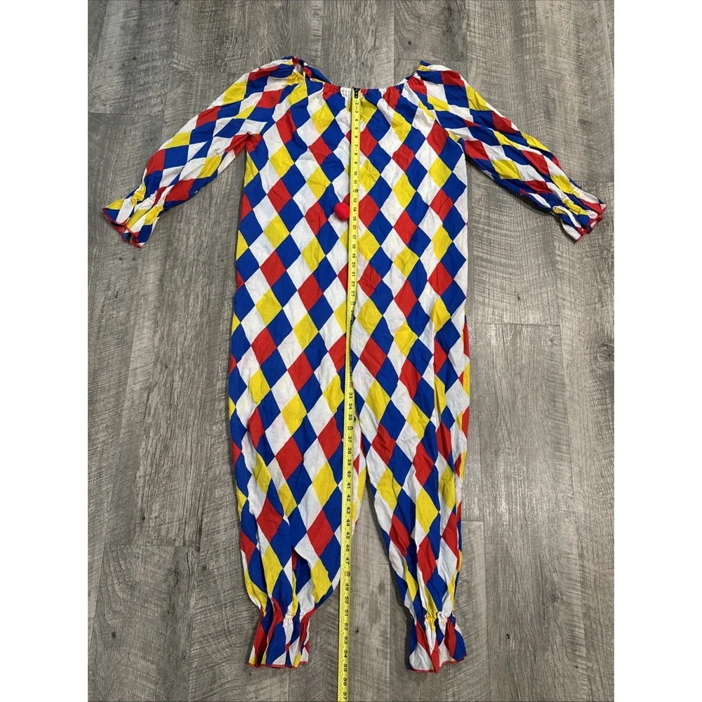 Vintage Hand Sewn Clown Costume One Piece Adult Multicolor Striped Pom